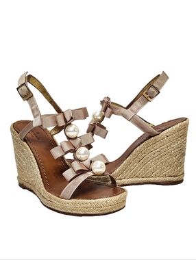 KATE SPADE Bows & Pearls Espadrilles Sz 9 Strappy Wedge Sandals Made In Spain